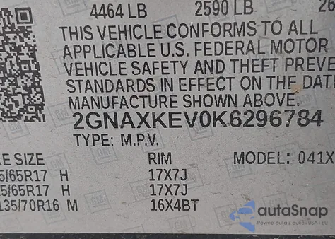 2019 Chevrolet Equinox Lt from USA, damaged, VIN 2GNAXKEV0K6296784